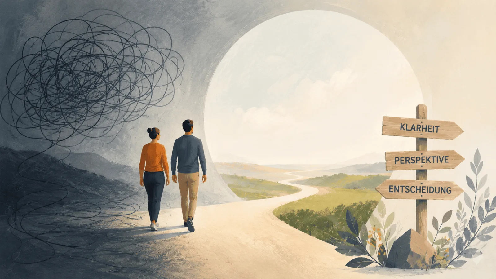 Zwei Menschen gehen auf einem Weg in die Natur, symbolisieren Klarheit, Perspektive und Entscheidung.