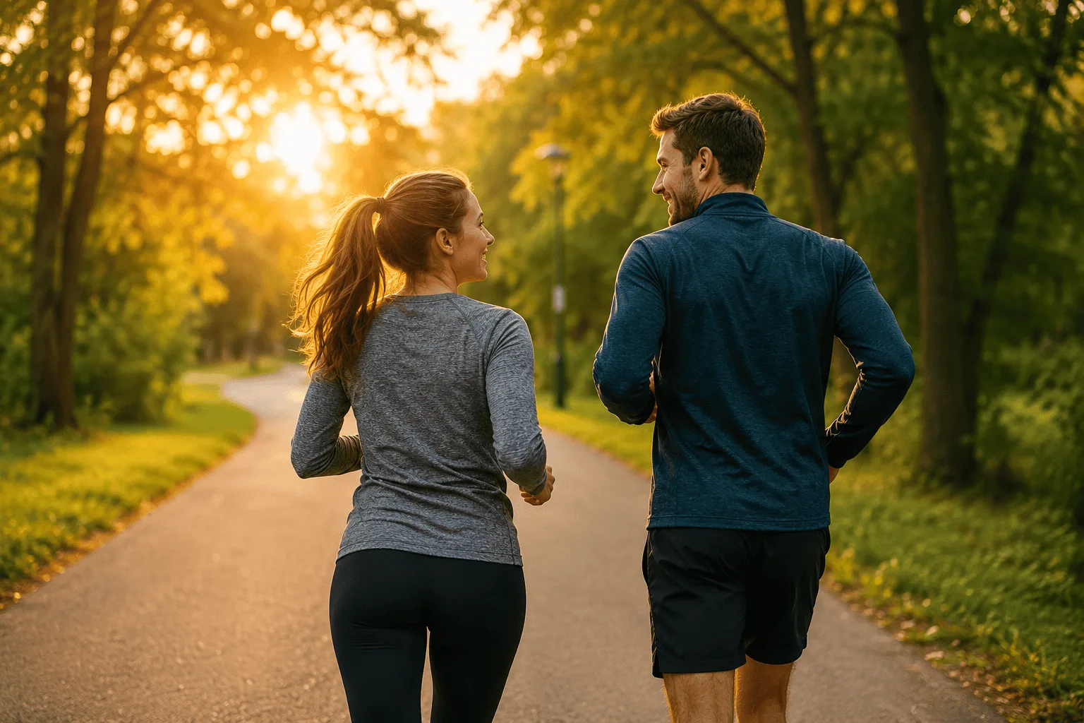 Laufpaar im Park bei Sonnenuntergang, Tobias Judmaier, gesunde Bewegung, Outdoor-Aktivität.